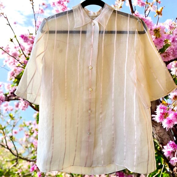 Perry Ellis SHEER SILK Blouse Pink Stripes Button Front Top Vtg 80's Womens 12 - Picture 3 of 11